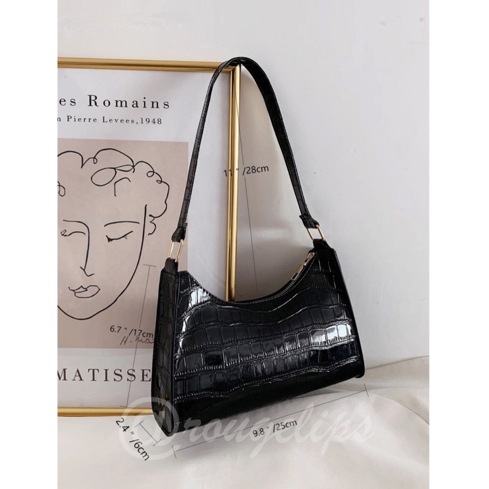 Crocodile Pattern PU Leather Black Baguette Handbag - Picture 6 of 7